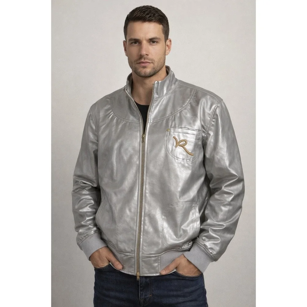 Rocawear Mens Metallic Silver Faux Leather Bomber Jacket Gold Logo 2X Streetwear